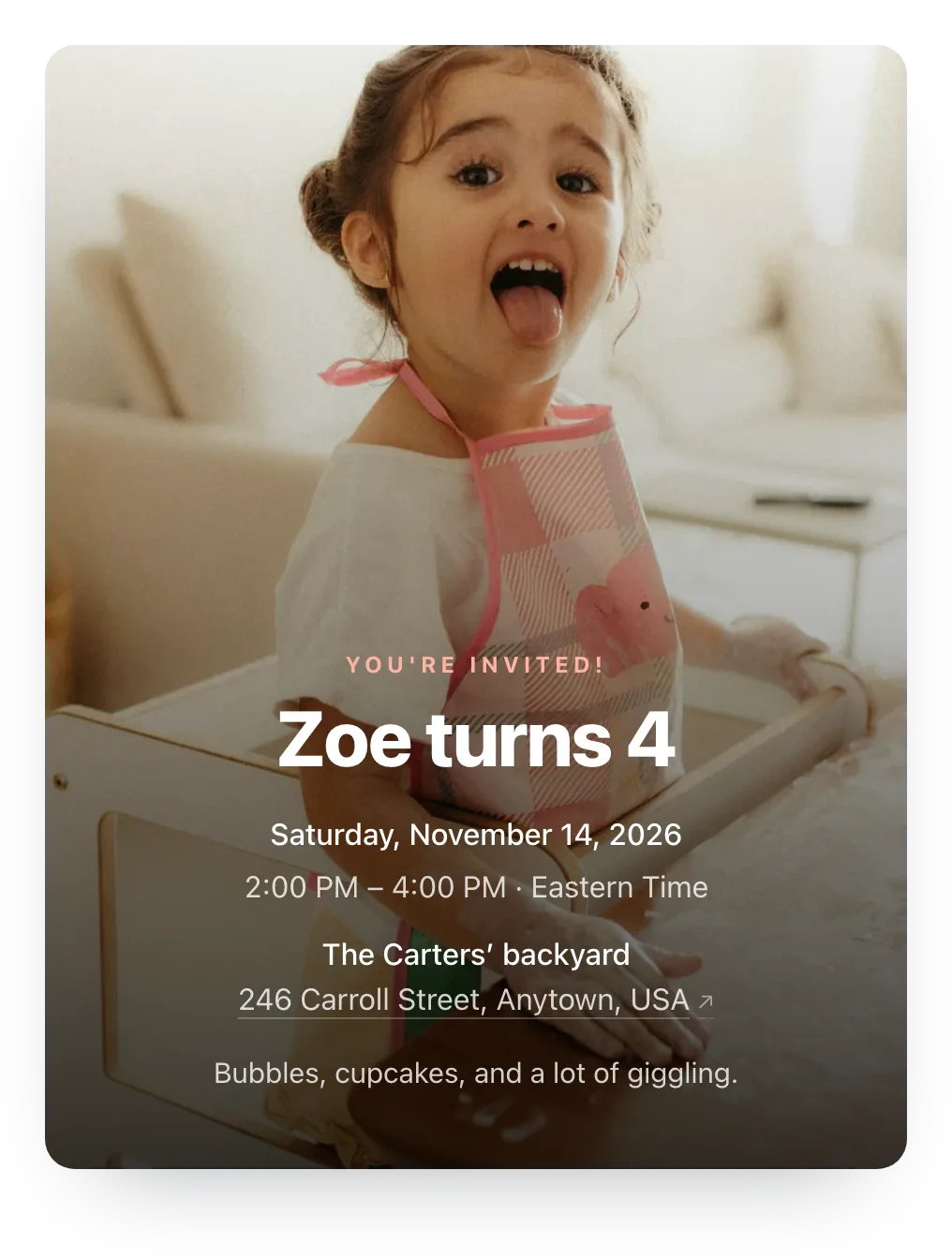 Kids’ birthday invitation with the host’s own photo as the cover: a little girl in an apron sticking her tongue out behind “Zoe turns 4”