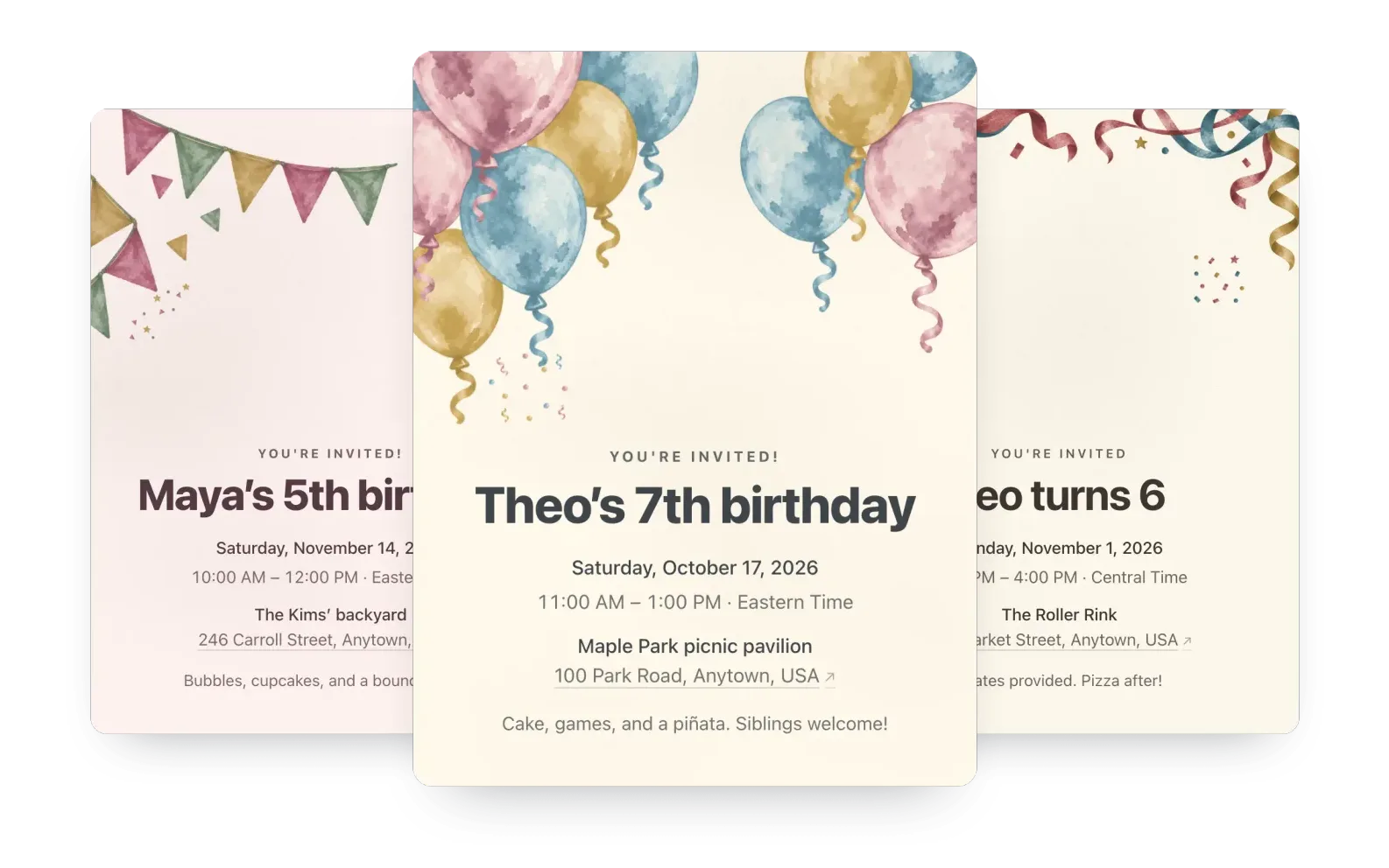 Three kids' birthday invitations made with Hejmo: “Theo’s 7th birthday” with painted balloons in front, “Maya’s 5th birthday” with party flags and “Leo turns 6” with confetti behind, each showing the date, time, and place.