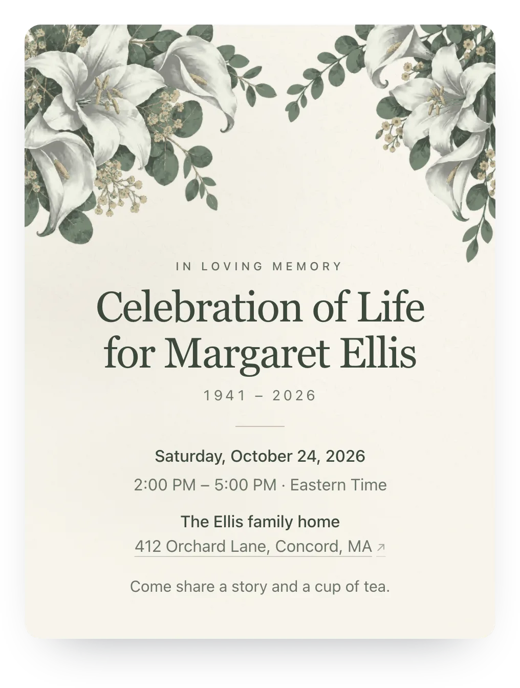 Celebration of life invitation with lilies in Ivory & Sage: “Celebration of Life for Margaret Ellis” on a painted lilies design