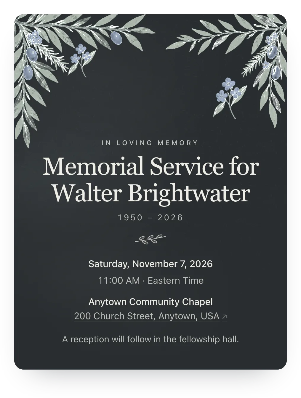 Memorial service invitation with olive branches in Charcoal Evening: “Memorial Service for Walter Brightwater” on a painted olive branch design