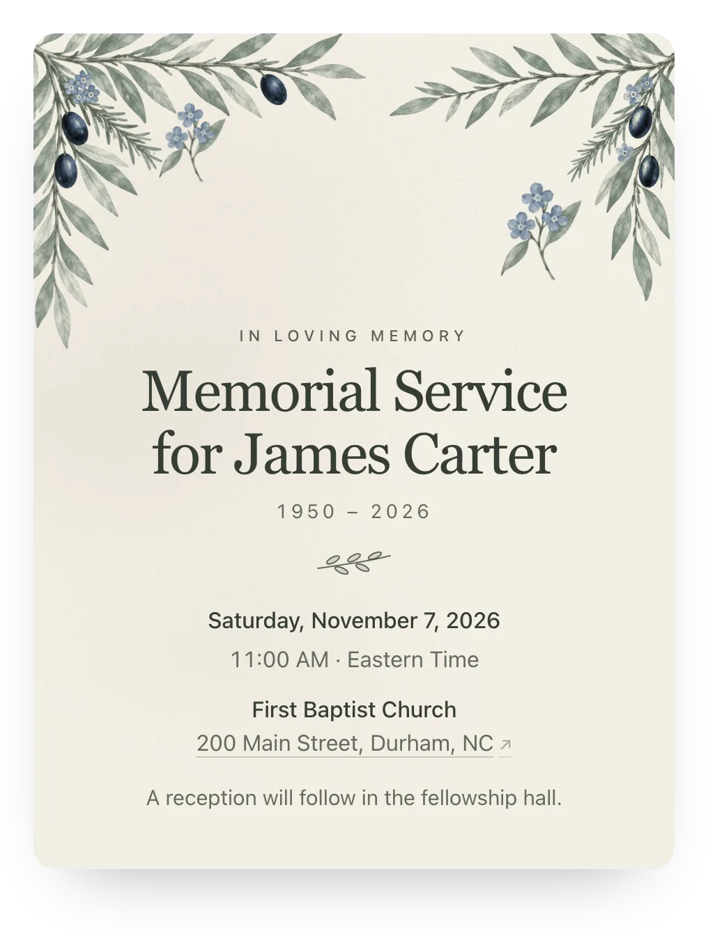 Memorial service invitation with olive branches in Linen & Sage: “Memorial Service for James Carter” on a painted olive branch design