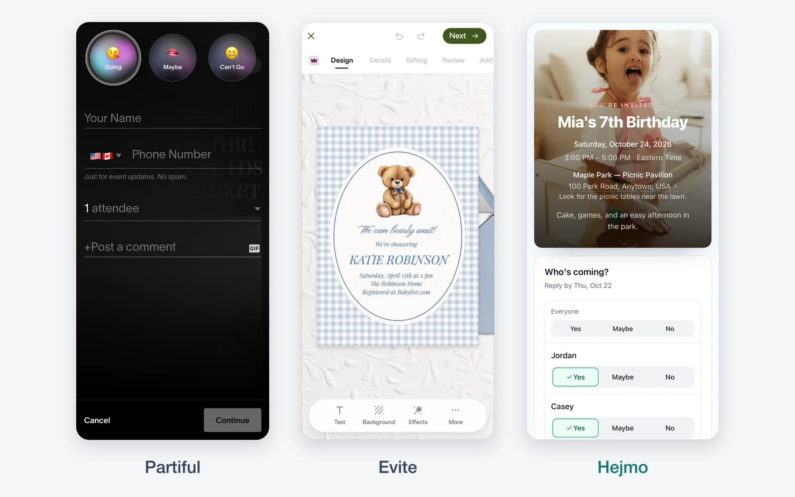 Three phones side by side: Partiful's dark RSVP sheet with emoji buttons and a phone number field, an Evite baby shower template in its design editor, and a Hejmo invite with a photo cover above one family's Yes, Maybe, and No rows.