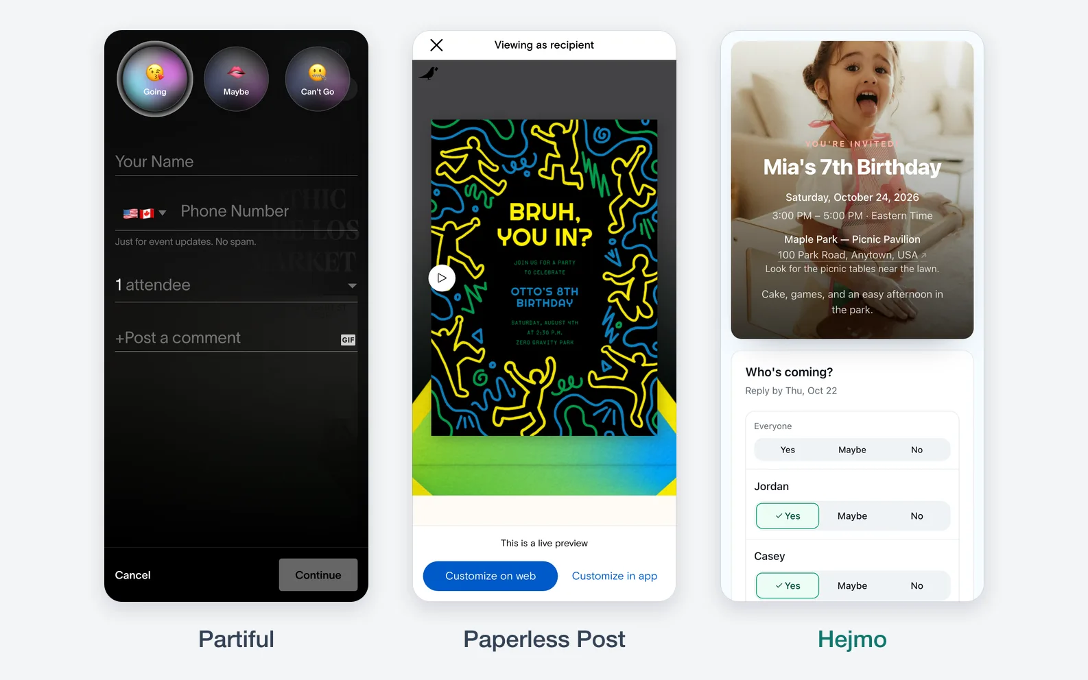 Three phones side by side: Partiful's dark RSVP sheet with emoji buttons and a phone number field, a Paperless Post birthday card on its envelope, and a Hejmo invite with a photo cover above one family's Yes, Maybe, and No rows.