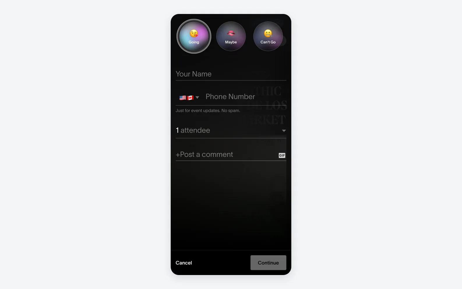 Partiful's RSVP dialog on a phone: emoji buttons for Going, Maybe, and Can't Go above Your Name and Phone Number fields and a GIF comment box.