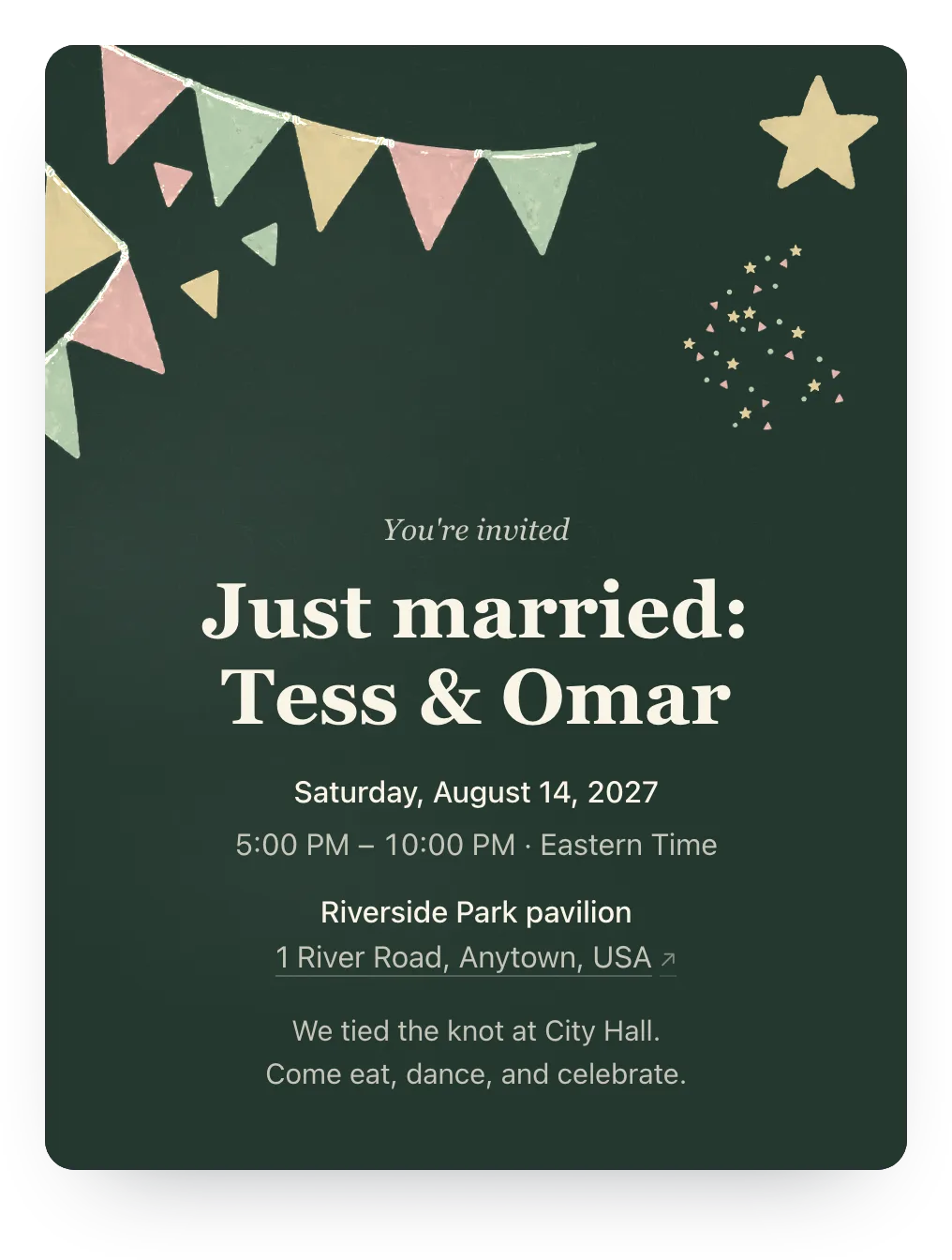 After party invitation with painted party flags in Moonlit Garden: “Just married: Tess & Omar”