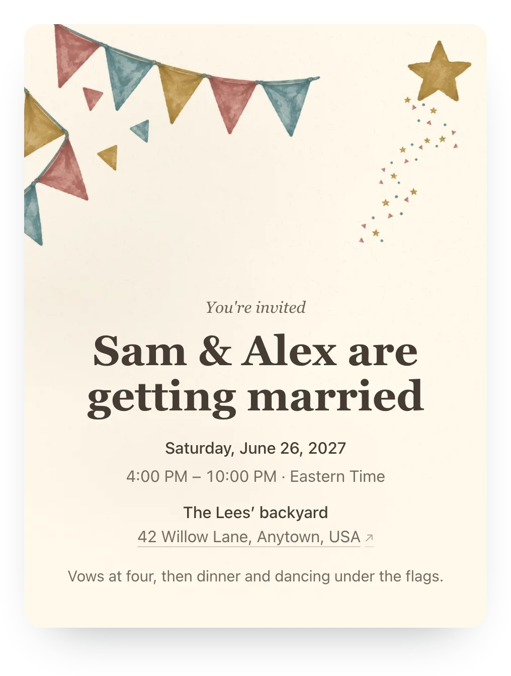 Backyard wedding invitation with painted party flags in Garden Party: “Sam & Alex are getting married”