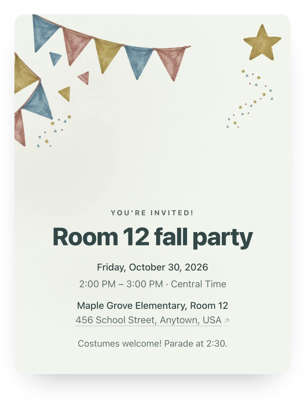 Class party invitation with party flags in Little Sailboat: “Room 12 fall party” on a painted party flags design