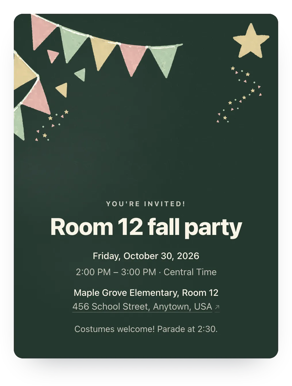 Class party invitation with party flags in Moonlit Garden: “Room 12 fall party” on a painted party flags design