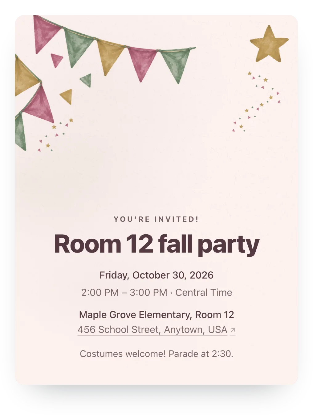Class party invitation with party flags in Strawberry Picnic: “Room 12 fall party” on a painted party flags design
