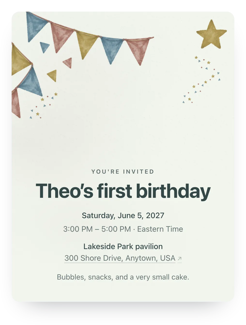 Party flags first birthday invitation in Little Sailboat: “Theo’s first birthday”