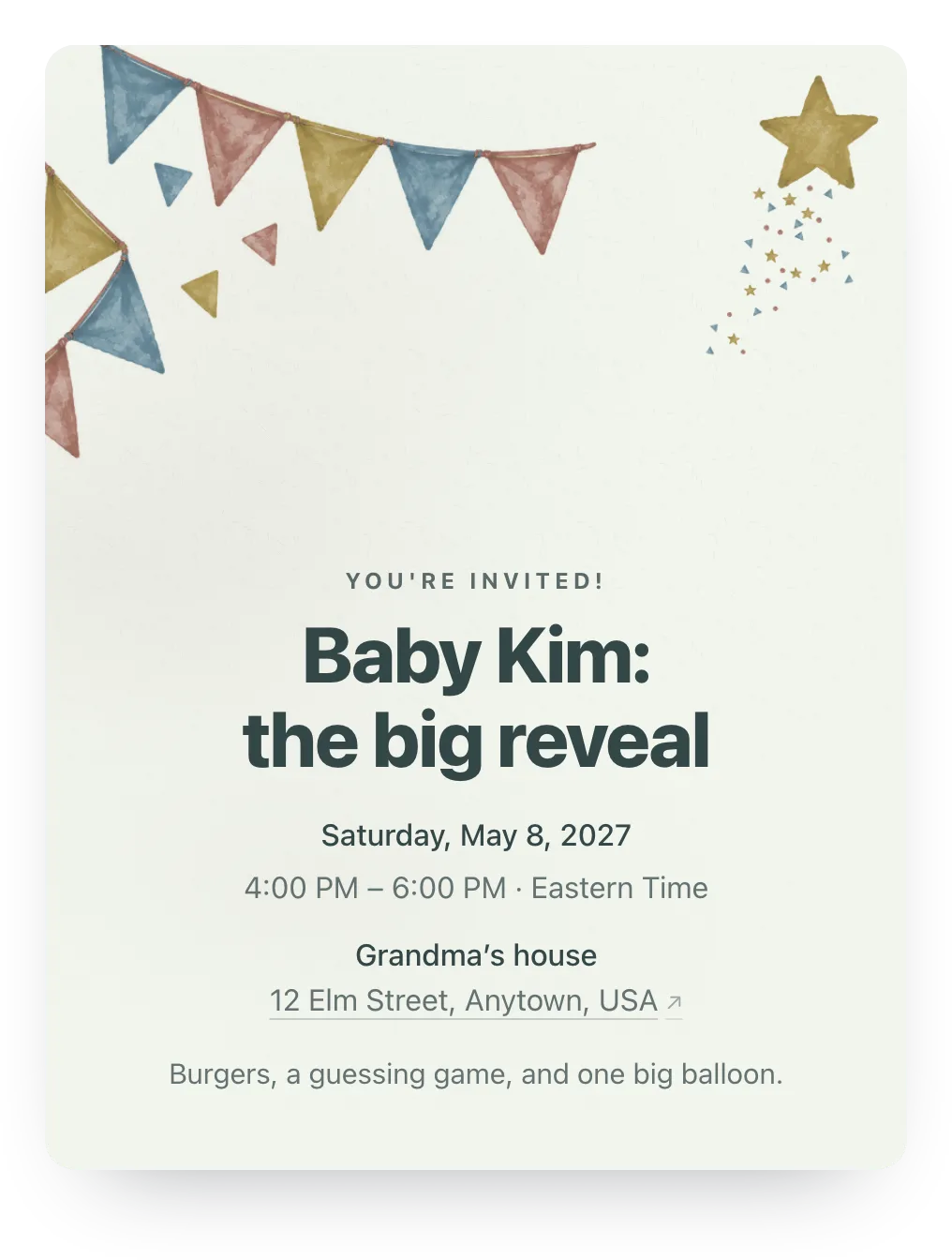 Gender reveal invitation with painted party flags in Little Sailboat: “Baby Kim: the big reveal”