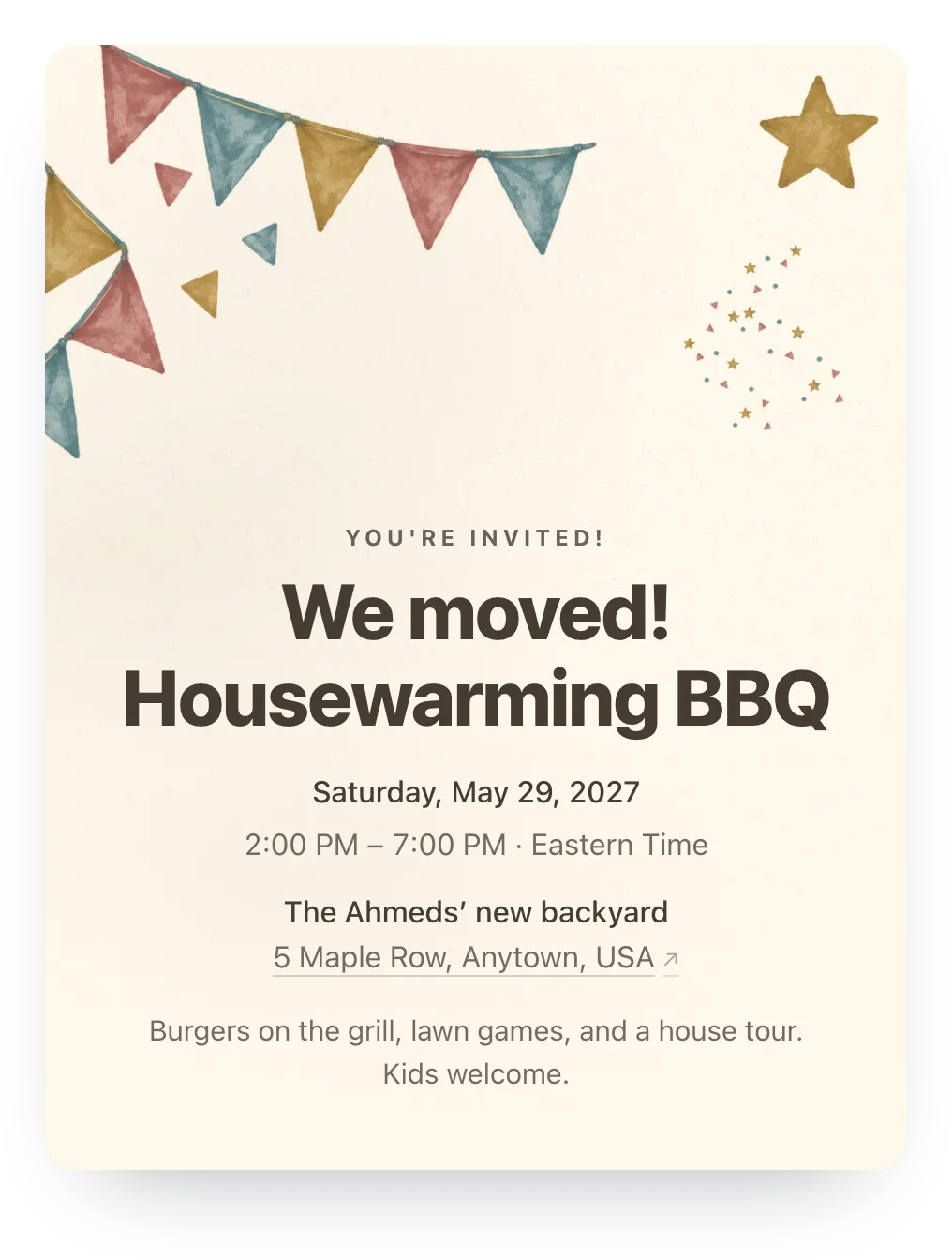 Housewarming invitation with painted party flags in Garden Party: “We moved! Housewarming BBQ”