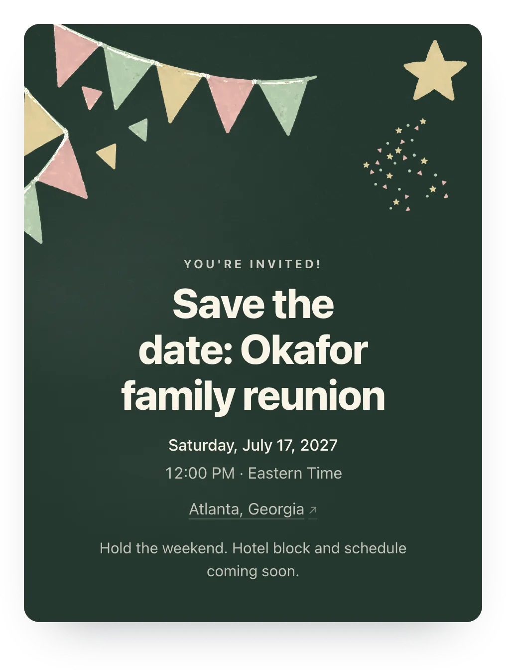 Save the date with painted party flags in Moonlit Garden: “Save the date: Okafor family reunion”