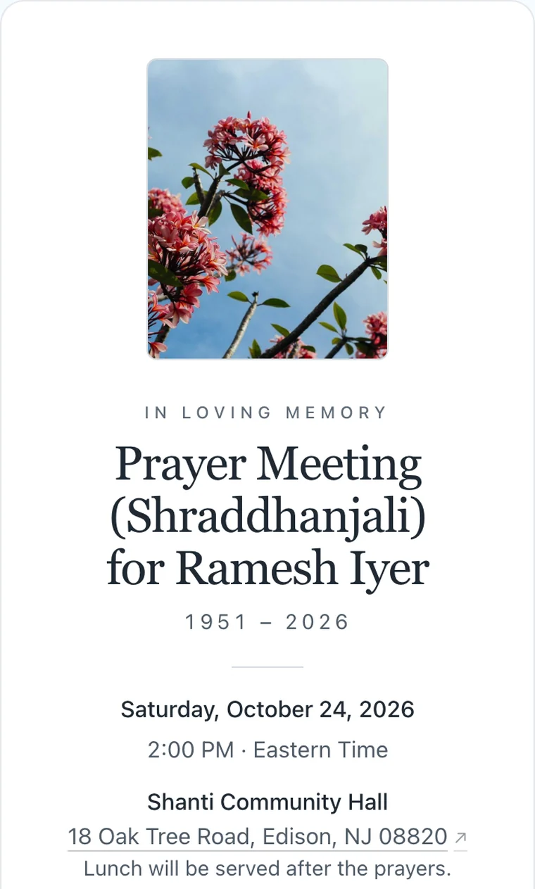 Prayer meeting invitation on a phone in the Mist style: a framed photo of blossoms, "In loving memory," Prayer Meeting (Shraddhanjali) for Ramesh Iyer, 1951 – 2026, with lunch served after the prayers