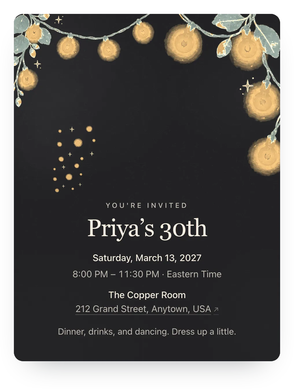 String lights 30th birthday invitation in Charcoal Ember: “Priya’s 30th”