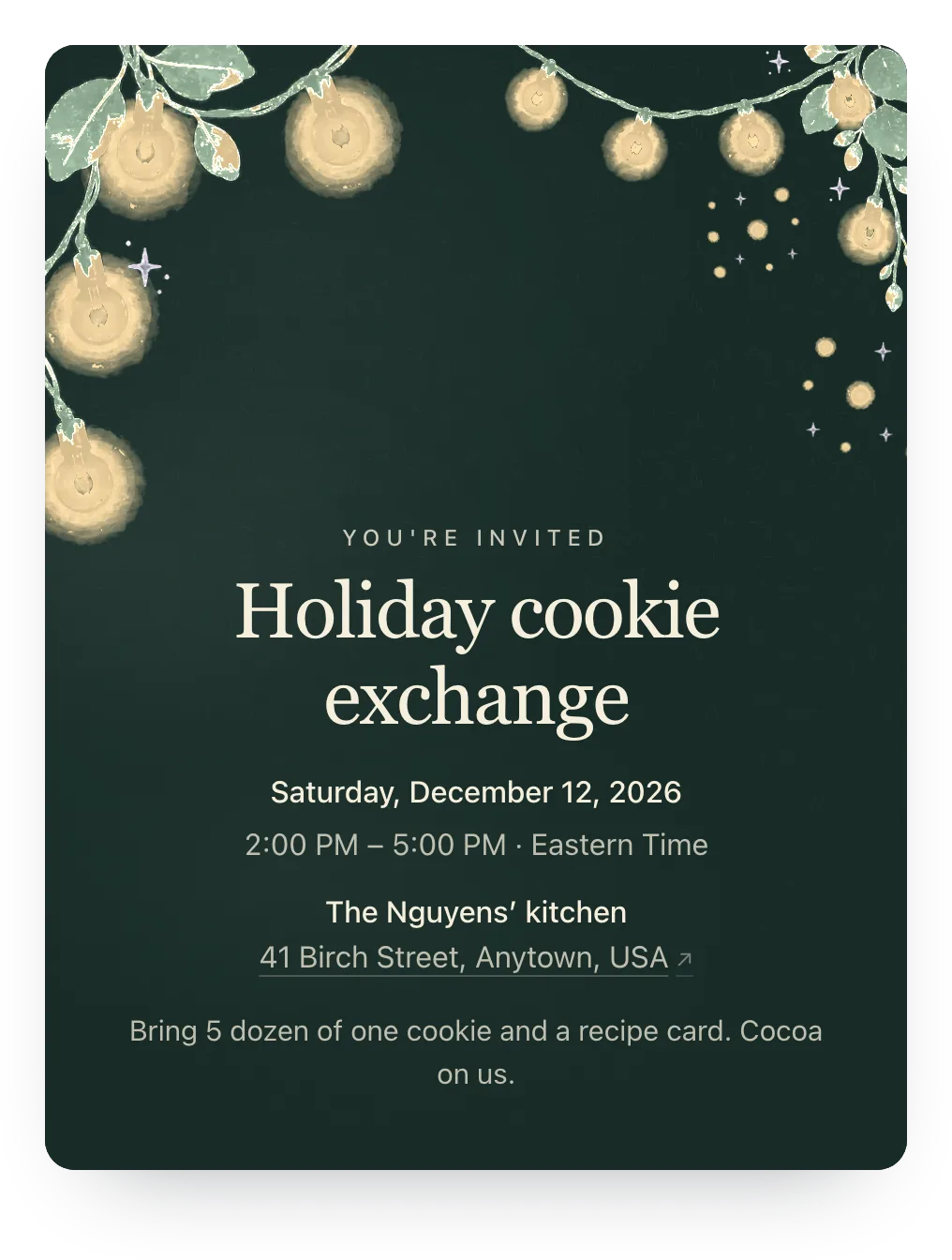 String lights cookie exchange invitation in Evergreen Evening: “Holiday cookie exchange”