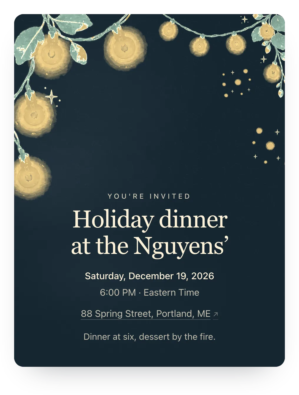 String lights dinner invitation in Midnight Gold: “Holiday dinner at the Nguyens’” on a painted string lights design