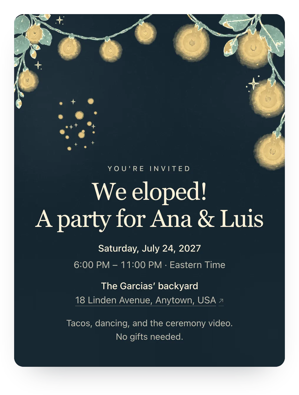 String lights elopement party invitation in Midnight Gold: “We eloped! A party for Ana & Luis”