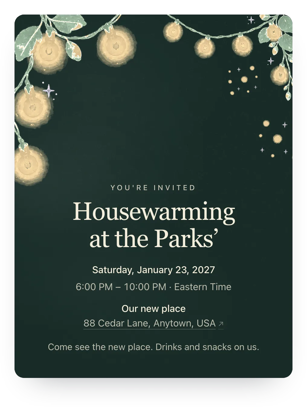String lights housewarming invitation in Evergreen Evening: “Housewarming at the Parks’”