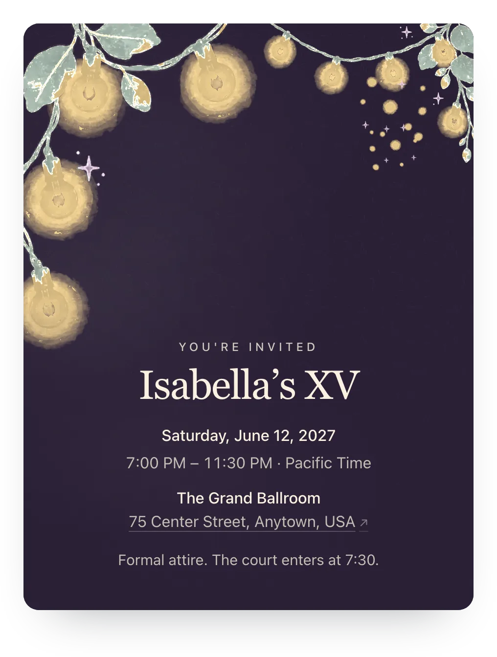 String lights quinceañera invitation in Plum Night: “Isabella’s XV”