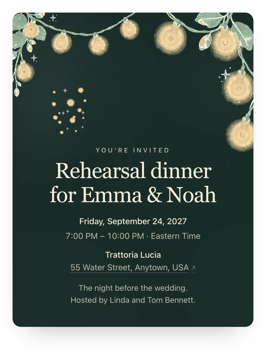 String lights rehearsal dinner invitation in Evergreen Evening: “Rehearsal dinner for Emma & Noah”