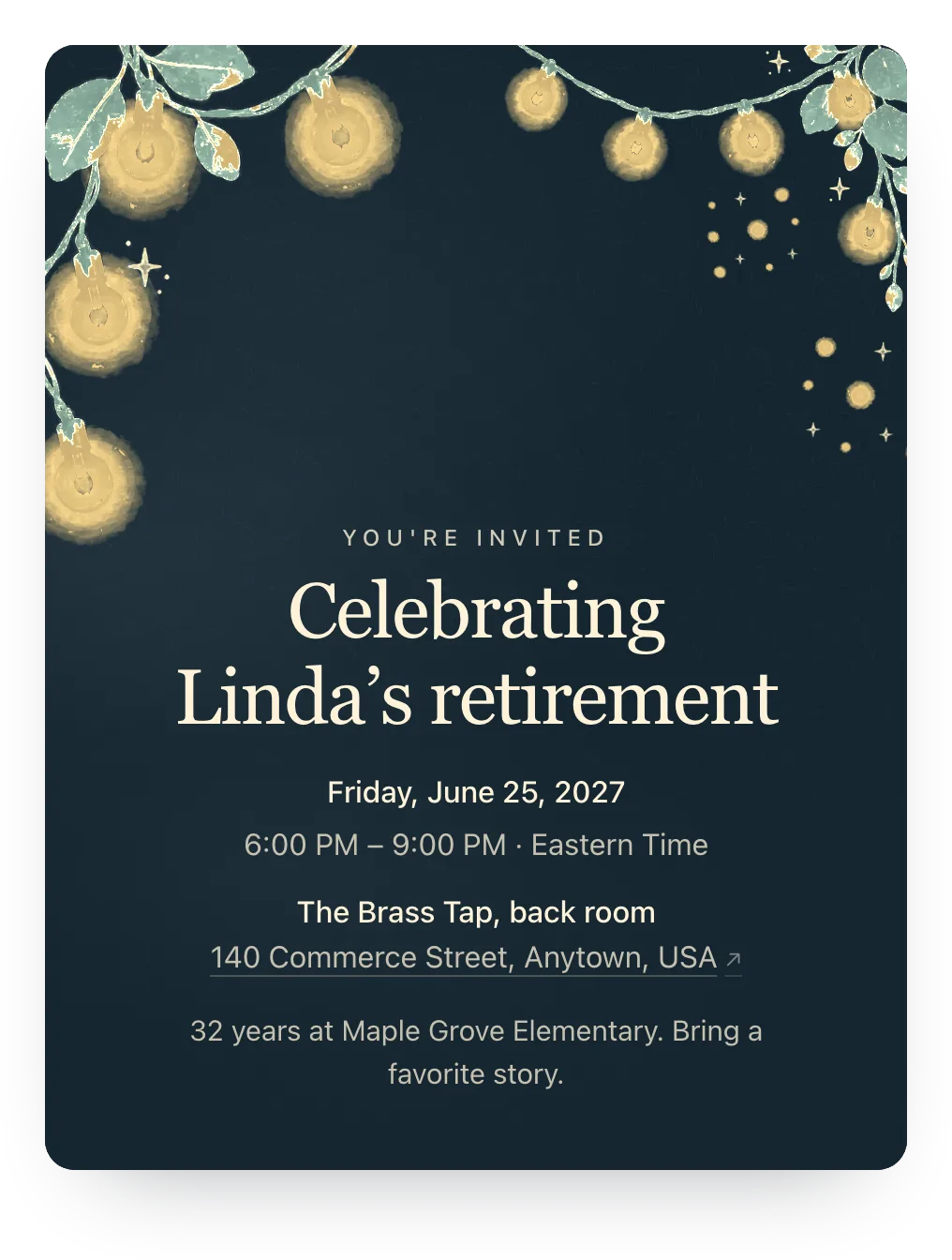 String lights retirement party invitation in Midnight Gold: “Celebrating Linda’s retirement”