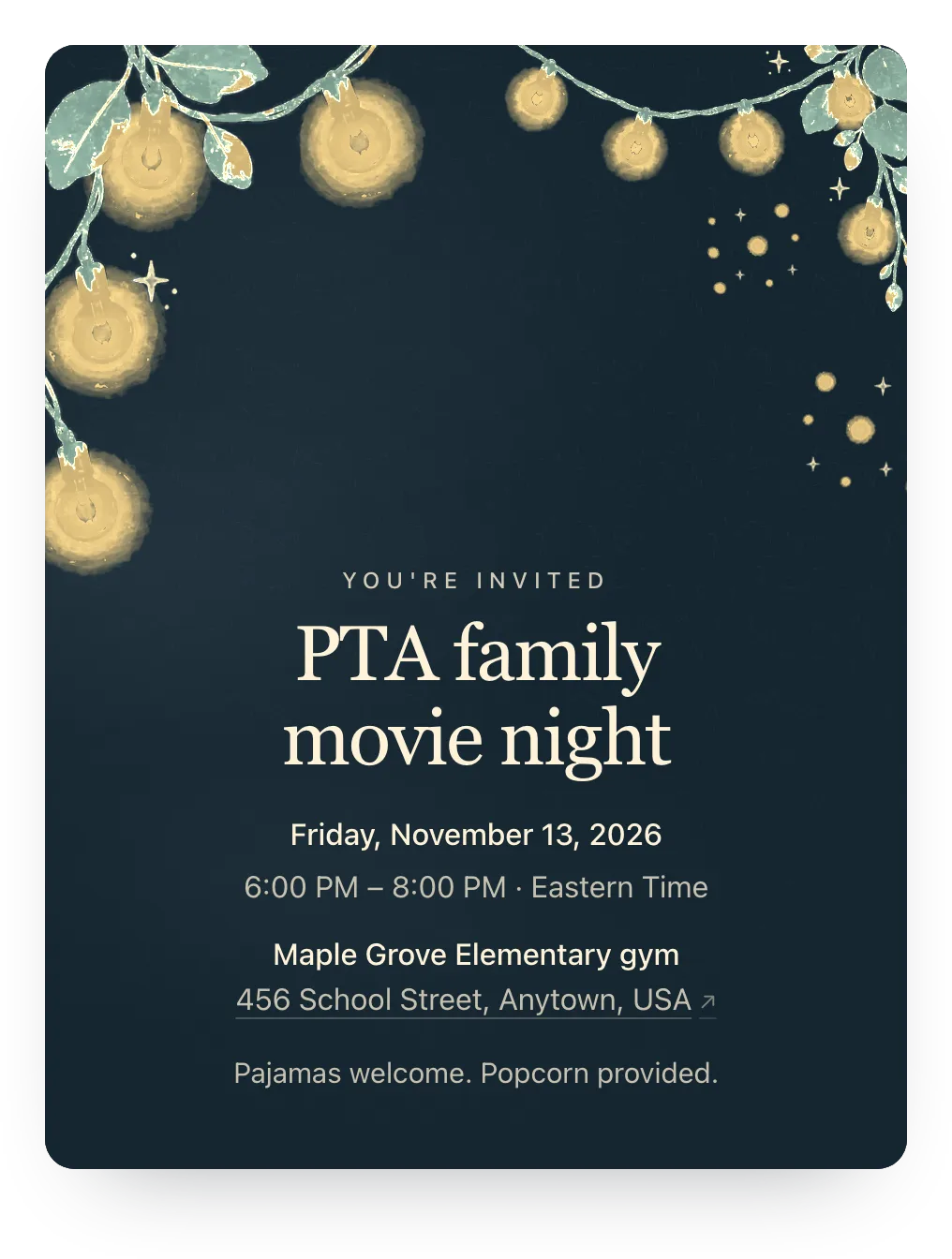 String lights school movie night invitation in Midnight Gold: “PTA family movie night” with painted string lights
