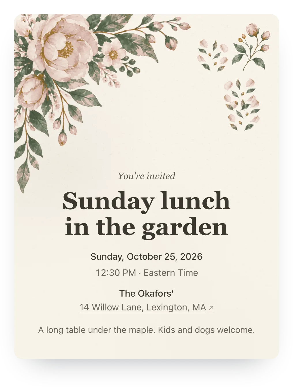 Watercolor garden party invitation in Blush & Sage: “Sunday lunch in the garden” on a painted garden design