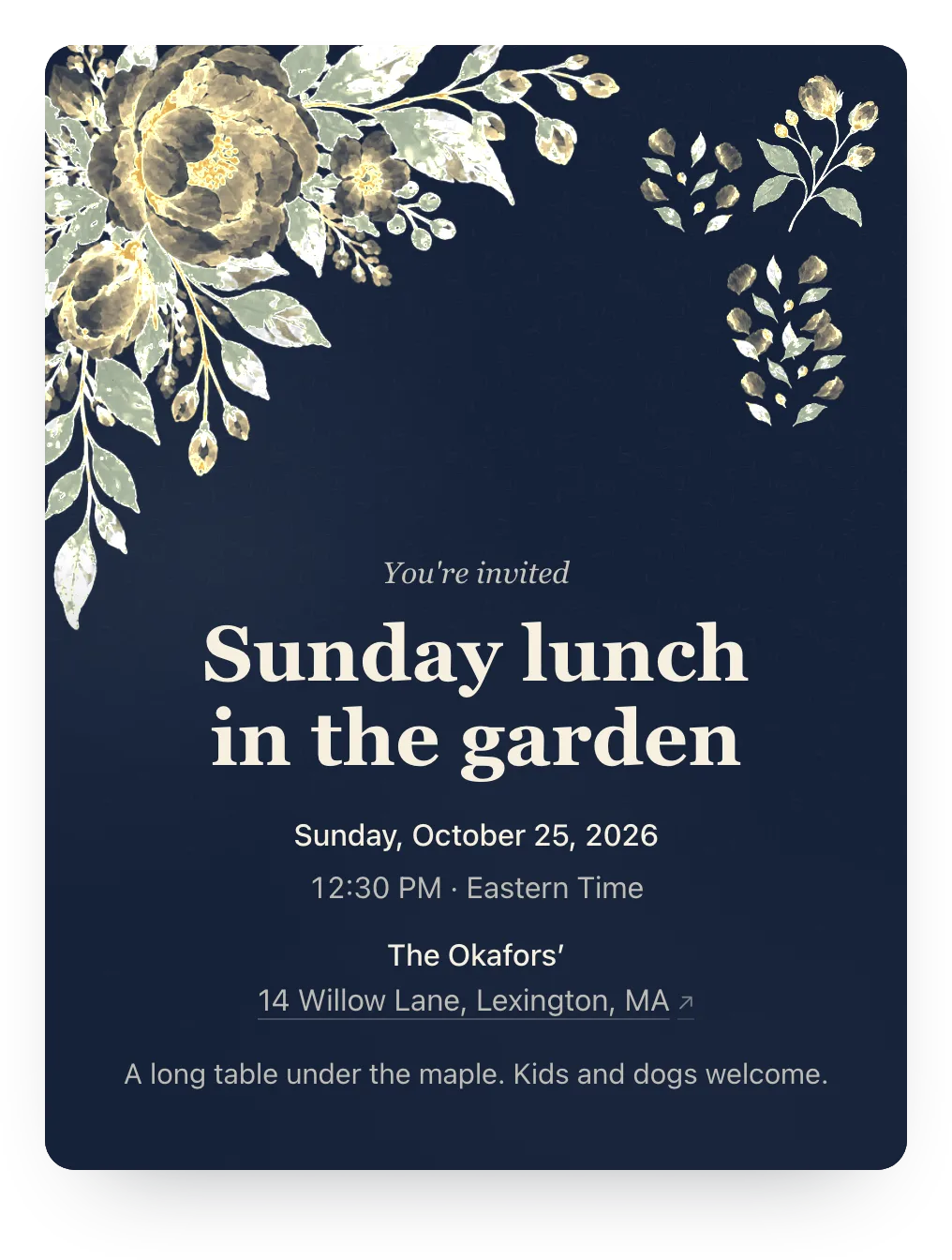 Watercolor garden party invitation in Gold on Navy: “Sunday lunch in the garden” on a painted garden design